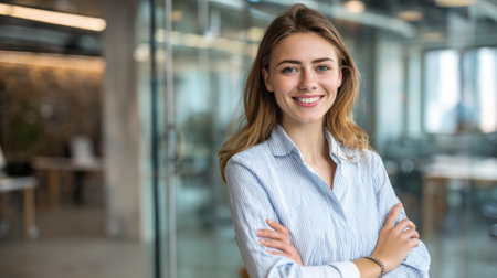 A woman is smiling and standing in front of a glass wall. She is wearing a blue shirt and has her arms crossedの素材