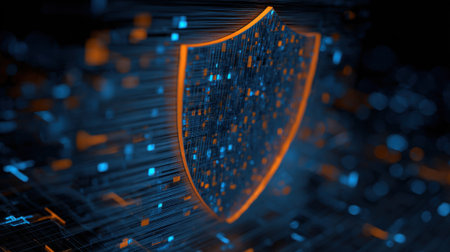 A vibrant digital depiction of a shield composed of glowing blue and orange pixels. This artwork represents cybersecurity highlighting the importance of protection in the digital world.の素材