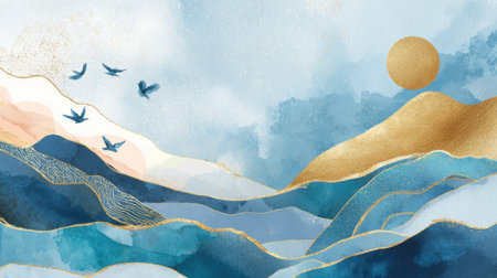 Soft hues of blue and gold create a peaceful landscape featuring rolling mountains a setting sun and birds flying in the open sky. The vibrant colors evoke a sense of calm and beauty.の素材