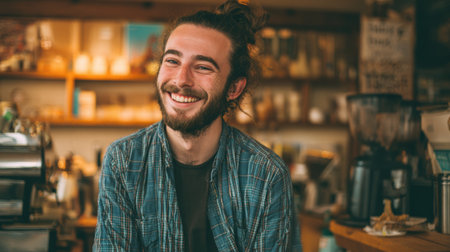 A young man with long hair and a beard sits in a coffee shop smiling honestly while surrounded by warm lighting and coffee-making equipment. His plaid shirt adds to the relaxed vibe.の素材