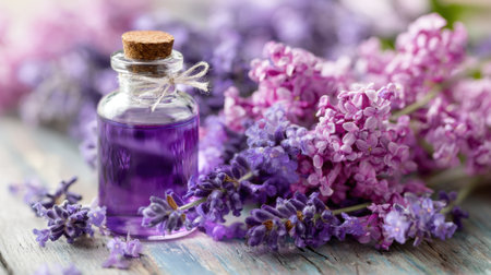 A bottle of lavender oil is next to purple flowers. The bottle is clear and has a cork stopper. The flowers are purple and arranged in a way that they are not overlapping each otherの素材