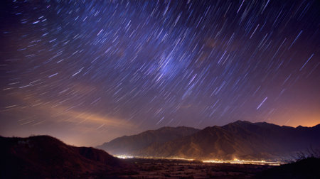 The night sky is filled with stars and the mountains in the background are illuminated by the lights of the cities belowの素材