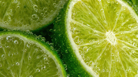 Lime slices float in sparkling water creating an inviting and refreshing scene. The vibrant green color contrasts with the bubbles surrounding them which adds a lively touch.の素材