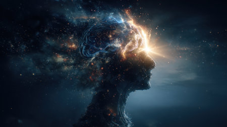 A persons silhouette reveals a vibrant universe within their mind blending bright stars and cosmic elements. This captivating scene depicts the connection between human creativity and the cosmos.の素材