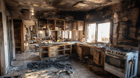The kitchen is heavily damaged after a fire with blackened walls, charred cabinets and soot-covered surfaces. Sunlight filters through broken windows highlighting the destruction.の素材