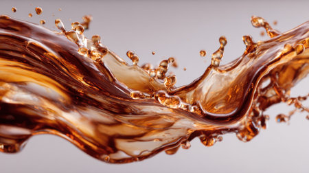 A splash of brown liquid with bubbles and foam. The liquid is brown and has a frothy textureの素材