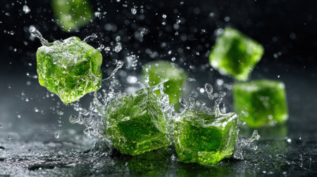 A bunch of green ice cubes are falling into a pool of water. Concept of movement and energy, as the ice cubes splash and create ripples in the water. The green color of the ice cubes adds a vibrantの素材