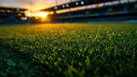 A field of grass with the sun setting in the background. The grass is green and the sky is orangeの素材