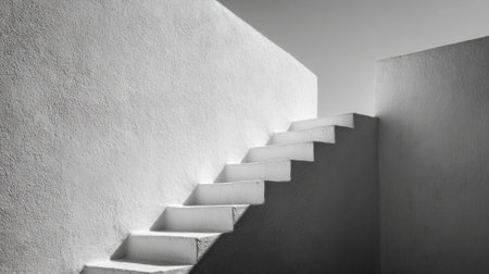 A staircase is shown in a white room with a gray wall. The staircase is made of concrete and is very tall. The room is very empty and the staircase is the only thing in the roomの素材