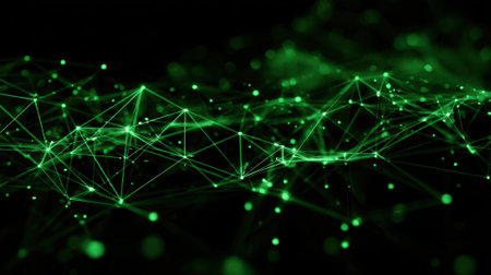 This artwork showcases a mesmerizing scene of green lines and glowing dots forming a complex network. It creates a sense of depth and technology in a dark environment.の素材