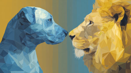 A blue dog and a lion are depicted in a striking geometric style illustrating their faces in close proximity. The contrasting colors and shapes create an artistic tension that captivates the viewer.の素材