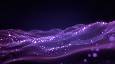 Glowing purple waves flow smoothly across a dark background filled with bright particles that create a sense of depth and movement. This digital scene captures a captivating atmosphere.の素材