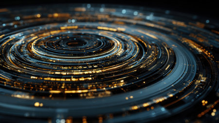 A vibrant display of swirling golden lights and intricate patterns fills the scene with a sense of depth and motion. This abstract composition captivates the viewers attention.の素材