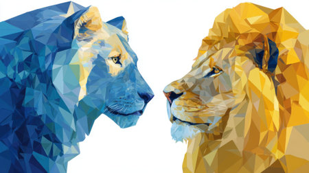 Two lions are presented in a striking geometric art style. One lion is in shades of blue while the other displays golden hues. This artwork highlights their majestic features.の素材