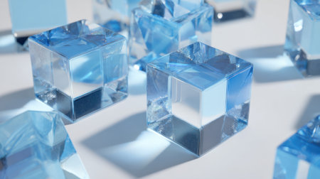 Bright blue ice cubes are scattered across a white surface glimmering in the sunlight. The light reflects off the ice creating stunning patterns and highlights.の素材