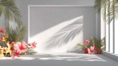 A serene and inviting space features vibrant tropical flowers and palm leaves positioned artfully against a clean white wall illuminated by soft sunlight.の素材
