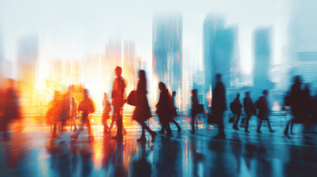 Crowds of people move through a bustling city street at sunset. The warm light creates a colorful reflection on the glass buildings highlighting the energy of urban life.の素材