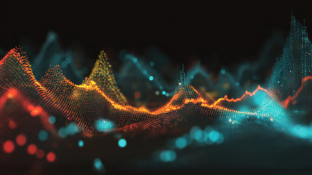 This scene illustrates a dynamic abstract representation of data with colorful wave patterns in blue orange and green. The visual creates a sense of movement and energy.の素材