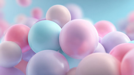 Soft pastel spheres in shades of pink blue and purple fill the scene creating a whimsical and calming atmosphere. The light reflects gently enhancing the serene colors.の素材