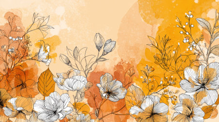 Bright and vibrant floral pattern features hand-drawn flowers and leaves against a warm orange backdrop highlighting artistic expressions of nature and beauty.の素材
