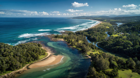 The scene captures a beautiful coastline with vibrant blue waters and sandy beaches. Lush greenery surrounds the area while rivers meander through the landscape under a bright sky.の素材