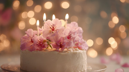 A beautifully decorated cake features fresh pink flowers and four lit candles creating a festive atmosphere with soft lights in the background.の素材