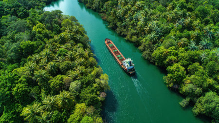 A cargo ship moves smoothly along a winding river flanked by dense tropical greenery and palm trees. The scene captures a tranquil moment in natures vibrant setting.の素材