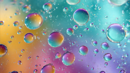 Vibrant water droplets are suspended against a colorful background reflecting light in various shades. This scene captures the beauty of liquid and color blending uniquely.の素材