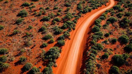 A winding dirt road travels through a bright red terrain filled with green shrubs and patches of vegetation in the remote Australian outback under clear skies.の素材