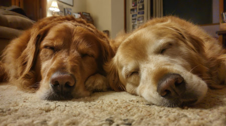 Two golden retrievers rest side by side on a soft carpet in a warm living room setting. The scene captures their serene expressions as they enjoy a calm evening indoors.の素材