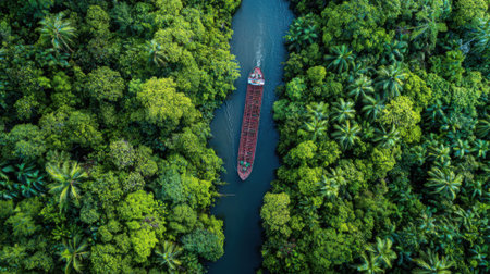 A cargo boat navigates through a narrow river flanked by dense vibrant green trees during a sunny day. The scene captures the beauty of untouched nature and wildlife.の素材