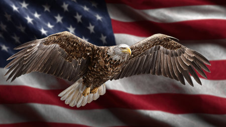 A powerful eagle is flying gracefully with its wings spread wide against the backdrop of the American flag. The scene captures strength and freedom.の素材