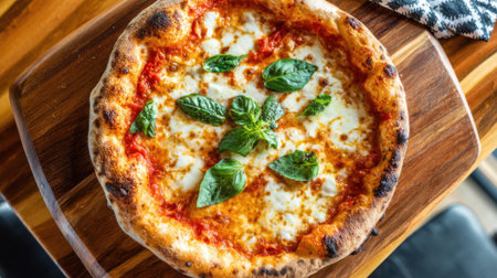 A homemade pizza sits on a wooden board featuring rich tomato sauce melted cheese and fresh basil leaves. The warm restaurant atmosphere invites diners to enjoy.の素材