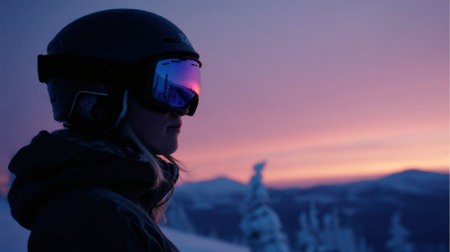 A skier stands on a snowy mountain gazing at a breathtaking sunset. The sky glows with vibrant colors as snow-covered peaks rise in the background.の素材