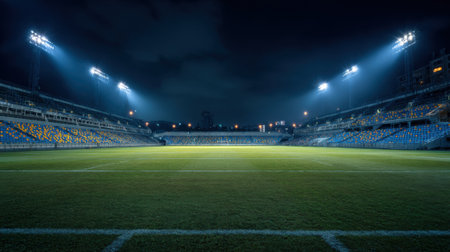 Bright floodlights shine over a well-maintained soccer field at night. The empty stands create an atmosphere of anticipation highlighting the lush green grass and clear sky above.の素材