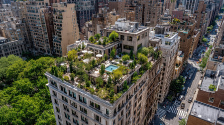 A stunning rooftop filled with greenery and a pool offers a peaceful escape in a bustling city. The contrast of nature and architecture creates a unique urban oasis.の素材