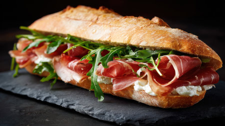 A delicious sandwich features layers of prosciutto fresh arugula and creamy cheese nestled in a crusty baguette ready to be enjoyed.の素材
