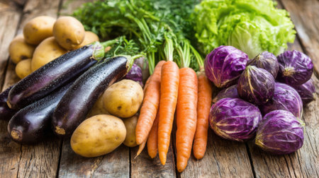 A variety of fresh vegetables including potatoes carrots eggplants and purple cabbage are displayed on a rustic wooden table. The farm-fresh produce highlights vibrant colors.の素材