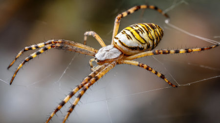 A vibrant spider with a patterned body is skillfully spinning its web in a lush garden. Sunlight highlights its striking colors against the green background.の素材