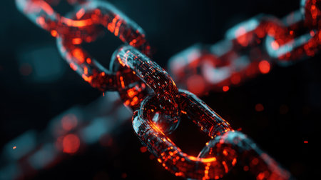 A detailed close-up shows a single chain link with a bright red glow against a dark background. The link has a polished surface with a high-tech aesthetic suggesting strength and durability.の素材