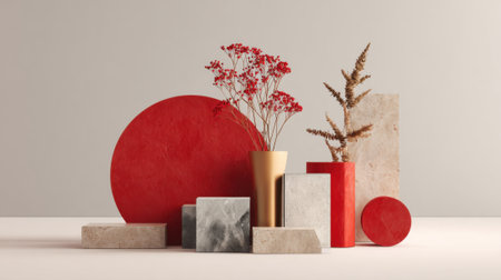 A stylish display showcases various vases and geometric shapes in red beige and gray tones. The composition includes dried flowers adding a natural touch in a contemporary space.の素材