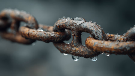 The image features a close-up of a rusty chain lying on a surface glistening with water droplets that enhance its weathered texture. The contrast highlights natures elements.の素材