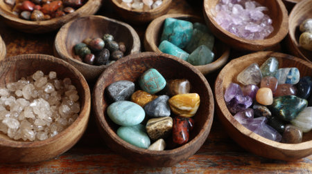 Small wooden bowls filled with a variety of gemstones and crystals showcase their unique colors and textures. The setting is warm and natural highlighting the beauty of each stone.の素材