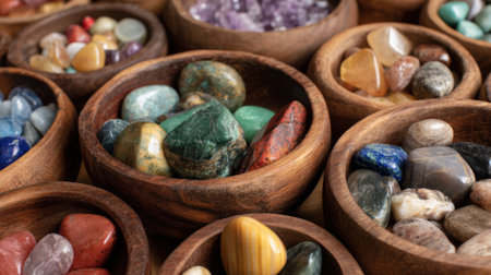 A vibrant assortment of gemstones in various colors and sizes is arranged in wooden bowls. The setting is a craft market capturing the play of light on the stones during the afternoon.の素材