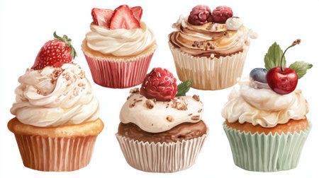 Various cupcakes are arranged on a white surface each topped with unique decorations like fruits cream and chocolate. The display showcases a tempting selection of flavors.の素材