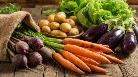 Colorful vegetables including carrots, potatoes, eggplant and lettuce are arranged on a rustic wooden table. The scene captures the essence of farm-to-table freshness.の素材