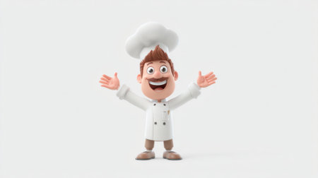 A happy cartoon chef stands with open arms smiling broadly. The chef wears a white coat and a tall hat creating a friendly atmosphere perfect for a lively cooking session.の素材
