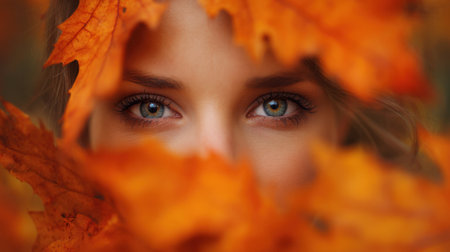A close-up captures a persons eyes peeking through bright orange autumn leaves showing the beauty of nature and the colors of the fall season.の素材