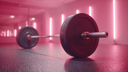 A barbell rests on the gym floor with bright neon lights illuminating the space. The atmosphere suggests a vibrant workout environment inspiring fitness and strength training.の素材