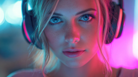 A woman with striking blue eyes wears headphones as she concentrates on her gaming setup. The room glows with vibrant neon lights creating an engaging atmosphere for play.の素材